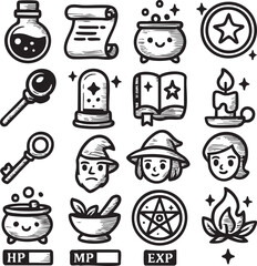 A collection of whimsical, hand-drawn illustrations featuring magical items, potions, spell books, and characters, perfect for fantasy-themed designs and projects.