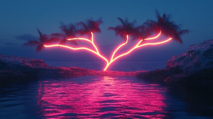 Neon palm trees on a rocky shore at dusk