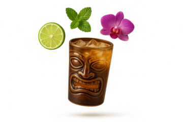 Classic Tiki cocktail with lime, mint, orchid, isolated on transparent background.