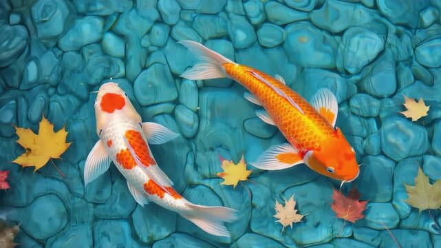Two colorful koi fish swimming among autumn leaves in pond  