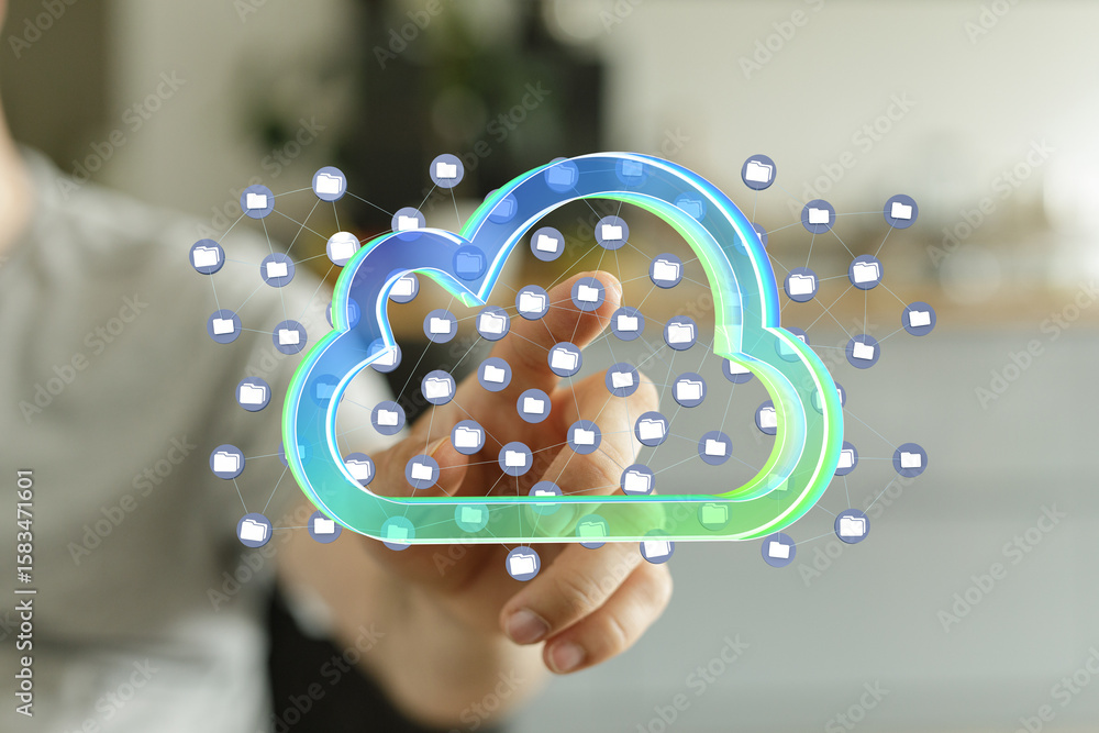 Poster image depicts secure cloud storage, data access, and networking. ideal for tech blogs and websites.
