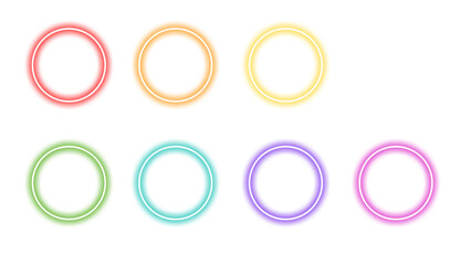 Colorful glowing ring set red orange yellow white green cyan blue purple pink isolated on transparency background