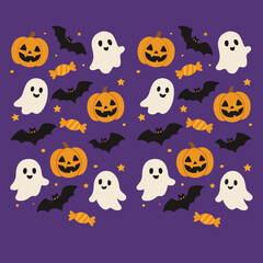 Cute ghost pumpkin bat candy star Halloween orange black white purple background pattern