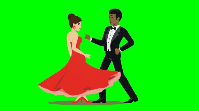 Mulatto in tuxedo and woman in red dress dancing latin dance, cartoon style, isolated green screen, chroma key, footage, mockup, loop