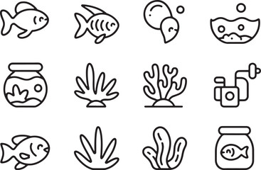 Obraz premium Fish Aquarium Line Icons Set with Fish Coral and Plants