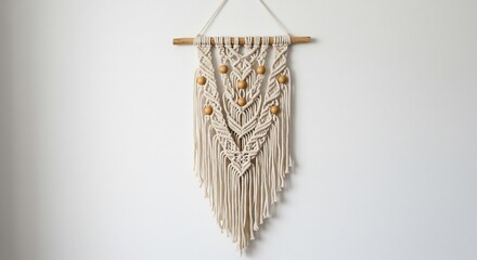 D�cor mural macram� �l�gant beige clair lumineux d�tails dor�s texture artisanale. AI Generated