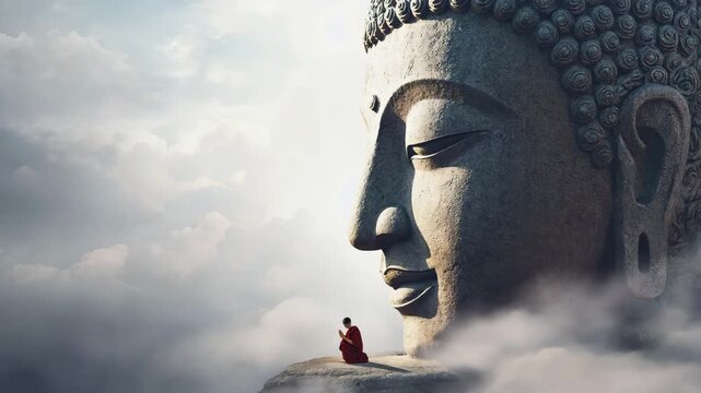 Monk meditating in front of large Buddha statue in cloudy sky  