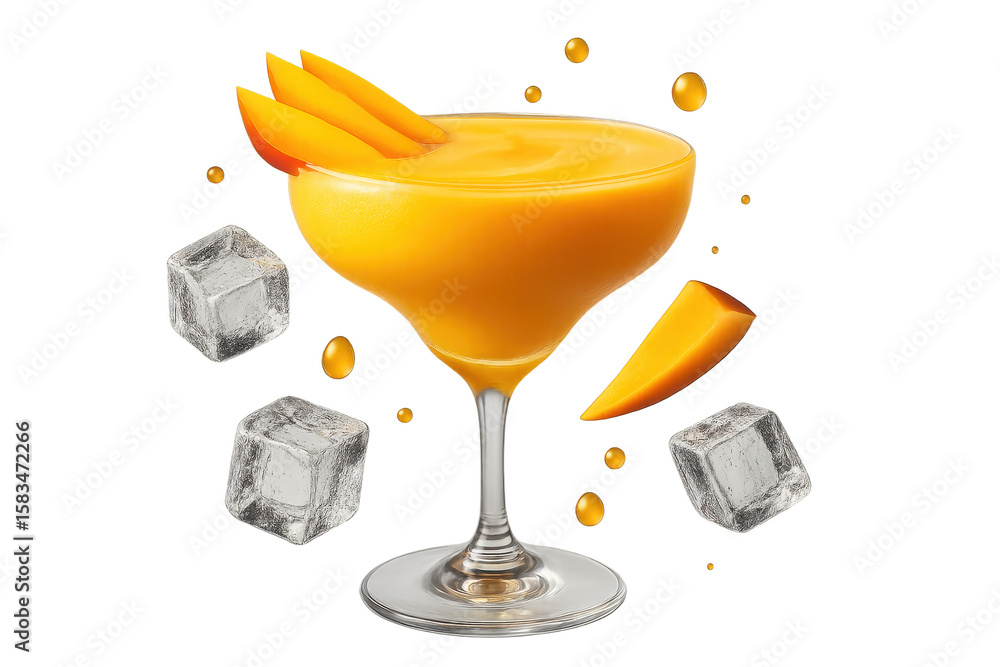 Poster refreshing mango smoothie cocktail with ice and fruit isolated on transparent background