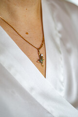 Elegant Frog Pendant Necklace on Bridal Satin Robe
