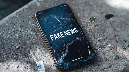 Cracked phone screen displays "Fake News" in bold white letters, reflecting misinformation in the digital age and the fragility of truth.