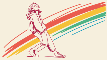A young female with a joyful expression walks playfully along colorful stripes, representing happiness and freedom.