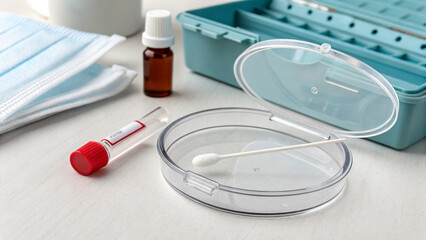 Open specimen container with cotton swab, ready for collection.