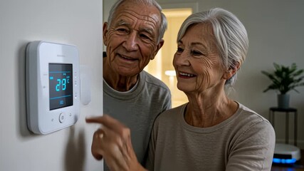 Elderly couple joyfully interacting with smart thermostat touchscreen in modern home - Powered by Adobe