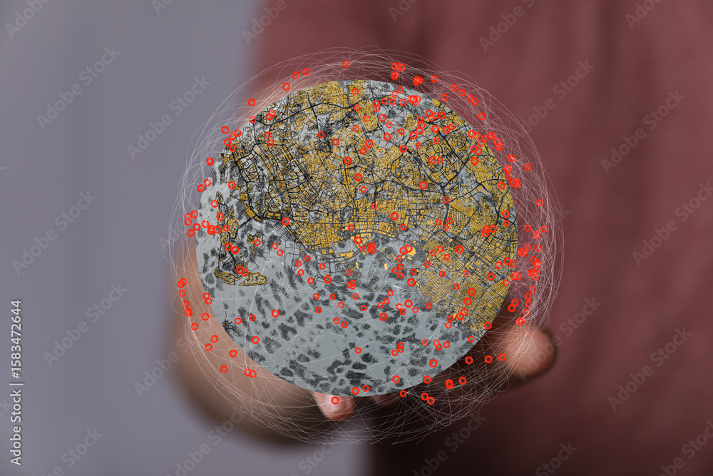 Poster image depicting a person holding a digital globe showing interconnected data points. ideal for techn