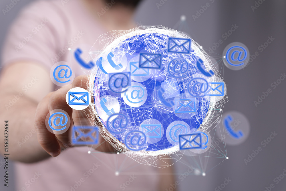 Poster image depicts a person interacting with a digital globe showcasing global communication networks usi