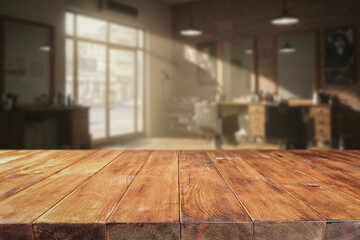 Cozy, stylish interior of modern men's barber shop with sunlight streaming through windows, bright and welcoming hair salon atmosphere , grooming and lifestyle concepts.  Space for product placement.