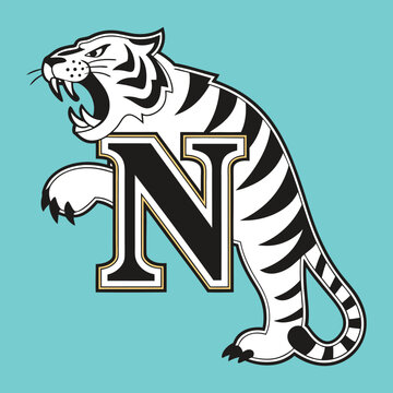 Fierce Tiger Head Overlapping Bold Varsity Letter N with Black, White, and Gold Outline