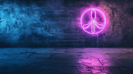 Neon peace sign on a dark brick wall