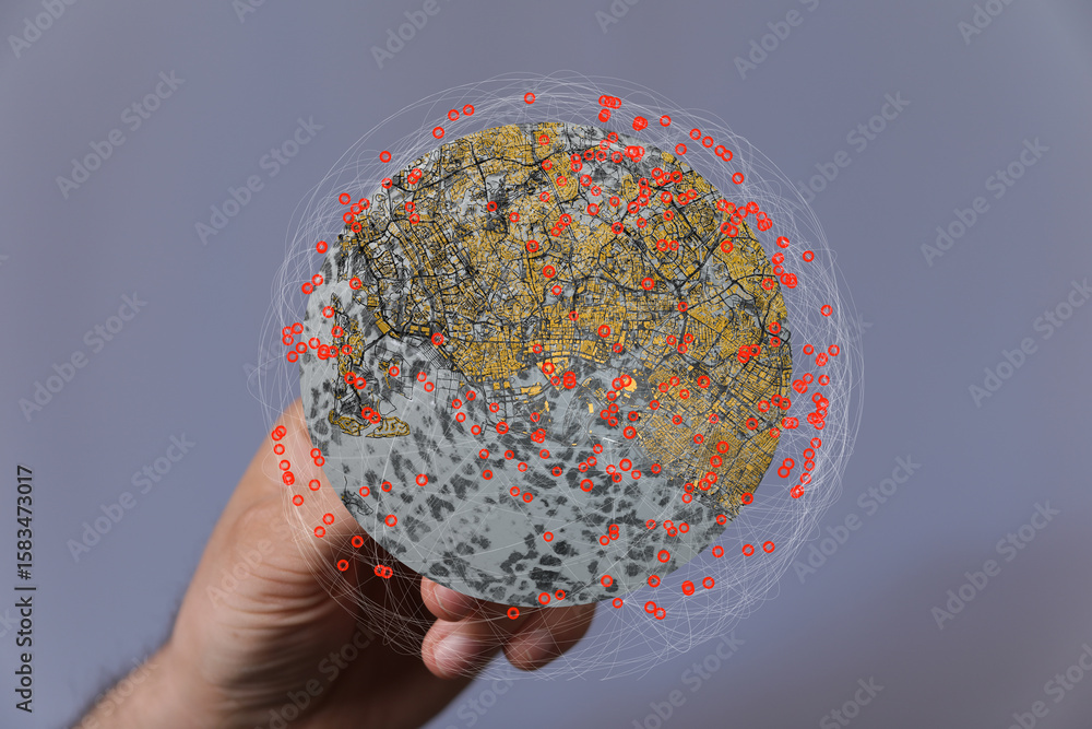 Poster visual representation of a global network, highlighting data points and their interconnections.