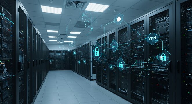 Data Center Server Room with Digital Security Icons and Network Connections - Powered by Adobe
