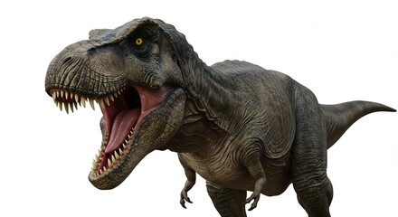 Fierce T-Rex roars brightly lit against stark white background. AI Generated