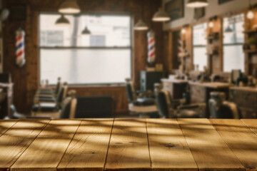 Cozy, stylish interior of modern men's barber shop with sunlight streaming through windows, bright and welcoming hair salon atmosphere , grooming and lifestyle concepts.  Space for product placement.