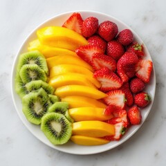 A plate of fruit and a banana on a white table