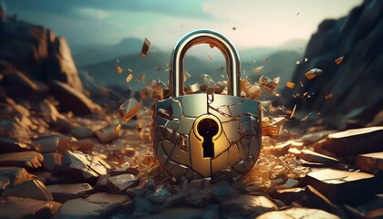 ancient padlock shattered on rocky ground