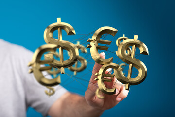 Image of a hand interacting with digital currency symbols, representing global finance and...