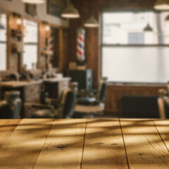 Cozy, stylish interior of modern men's barber shop with sunlight streaming through windows, bright...