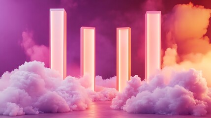Neon pillars in a cloud-filled space