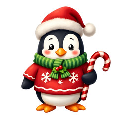 Cute Christmas Penguin with Candy Cane - Clipart of a cartoon penguin wearing a Santa hat, red sweater with snowflakes, green scarf and holding a candy cane, with transparent background.