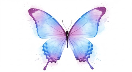 Fototapeta premium Papillon bleu rose pastel voltige gracieusement fond blanc lumi�re douce. AI Generated