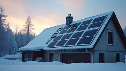 On a frosty winter evening, 12 solar panels are installed on the house. The concept of frost resistance of this technology in winter
