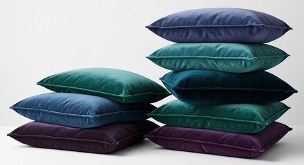 Soft velvet cushions stack beautifully in muted jewel tones under soft studio lighting. AI Generated
