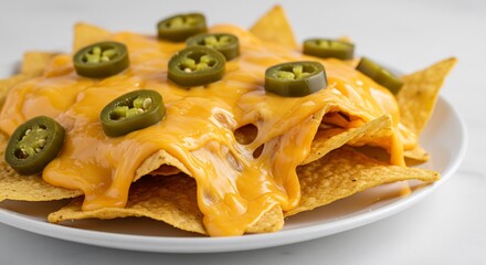 Golden cheesy nachos generously topped with vibrant jalapenos. AI Generated
