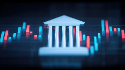 Digital financial concept showing classical bank building icon with colorful red and blue candlestick charts in background, symbolizing market trends and economic data analysis
