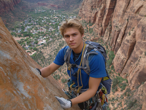 Young male rock climber in blue shirt, scaling a steep cliff face, surrounded by breathtaking canyon landscape, showcasing adventure and determination in outdoor sports - Powered by Adobe
