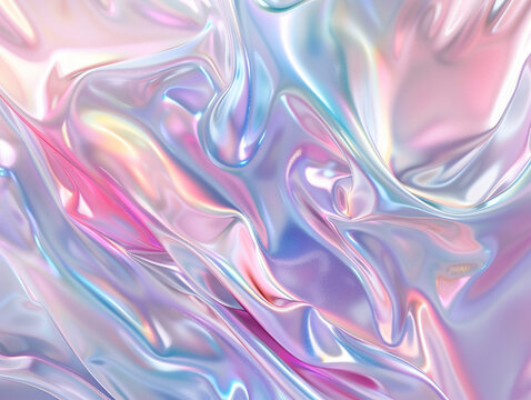 Dreamy holographic texture with silky folds and soft pastel reflections in pink, lavender, and pearl tones. High-resolution abstract background created using generative AI, ideal for digital design