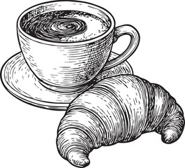 Realistic coffee and croissant line art vector 