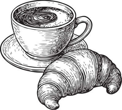Realistic coffee and croissant line art vector 