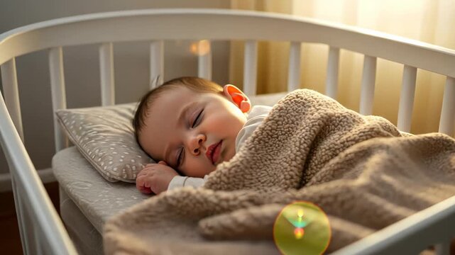 Peaceful baby sleeping in sunlit crib with playful bubble movement - Powered by Adobe
