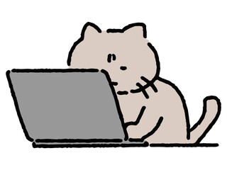 猫背でパソコンをいじる猫のゆるい手描き絵