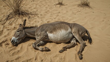 Deserted plains with a donkey carcass and dry terrain