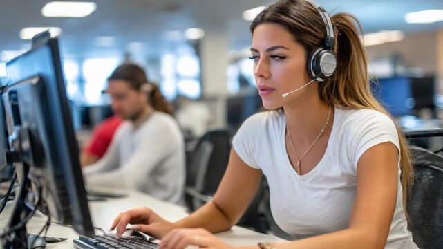 Tech Support in Action: A focused agent, headset in place, provides assistance at a workstation, navigating a complex software. It's a visual representation of customer service excellence.
