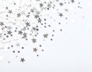 A beautiful scattering of shiny silver and white stars creates a festive and sparkling background.