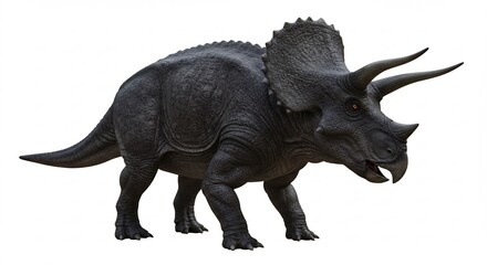 Obraz premium Triceratops noir puissant se tient fierement fond blanc lumiere intense. AI Generated