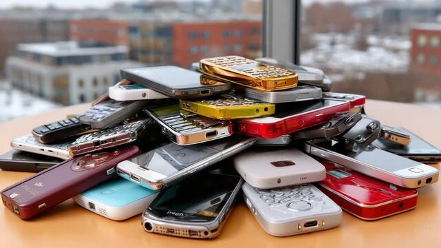 Pile of Discarded Phones: A pile of outdated and discarded smartphones symbolizes the relentless evolution of technology, the waste it creates, and the constant pursuit of innovation.