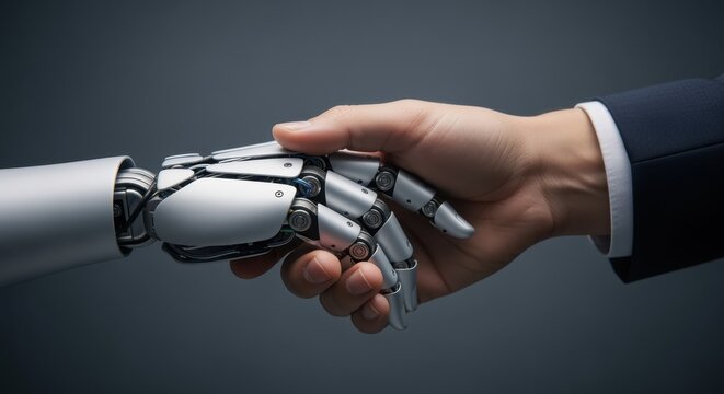 Human palm and robotic metal hand in synchronization conveying trust in automated systems.