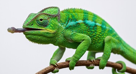 Obraz premium Cam�l�on vert vif attrape proie d�licatement lumi�re douce. AI Generated